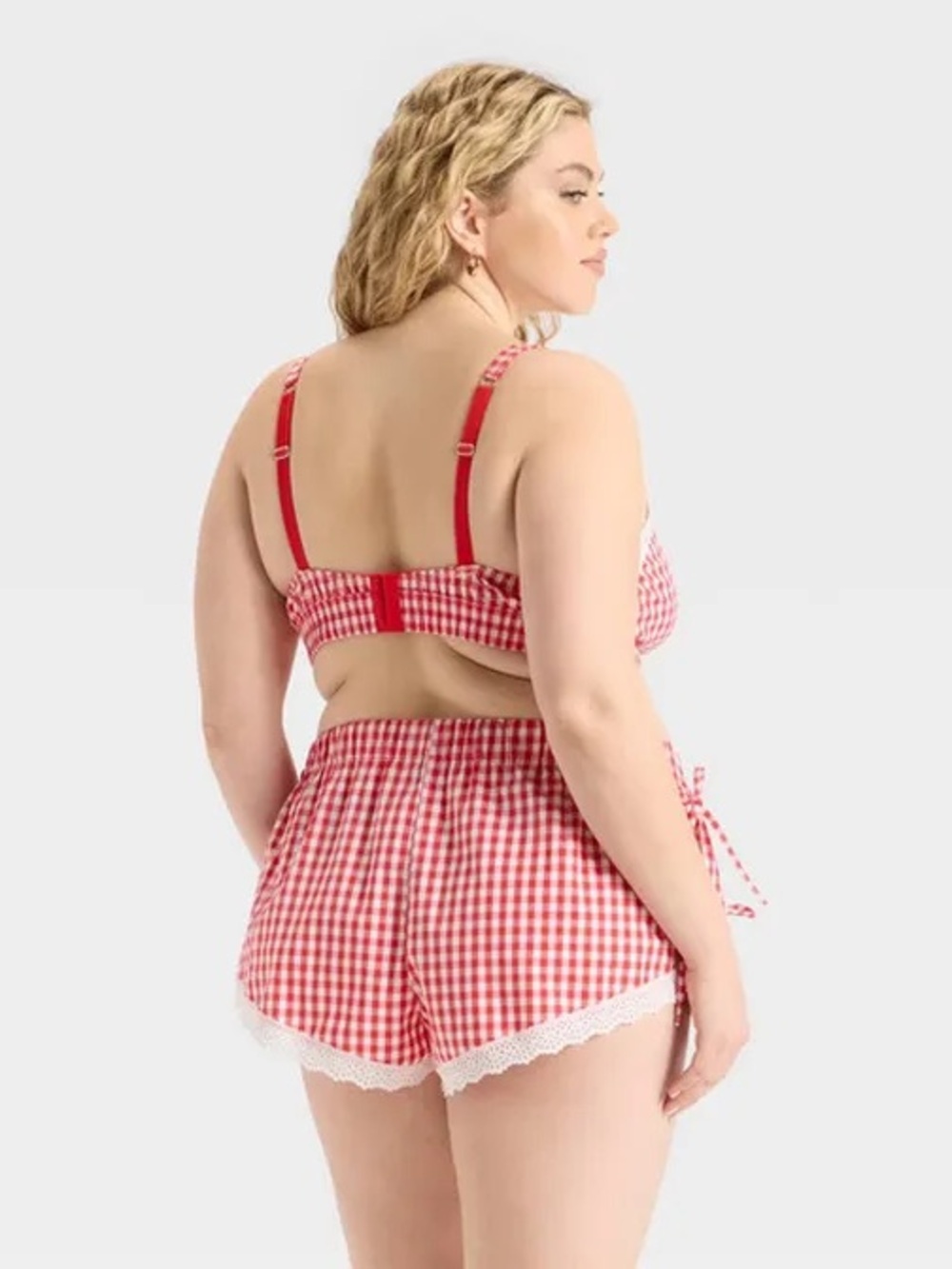 Red Gingham Lace Trim Pajama Set Women’s Cottagecore Coquette Sleepwear -XL - Picture 2 of 6